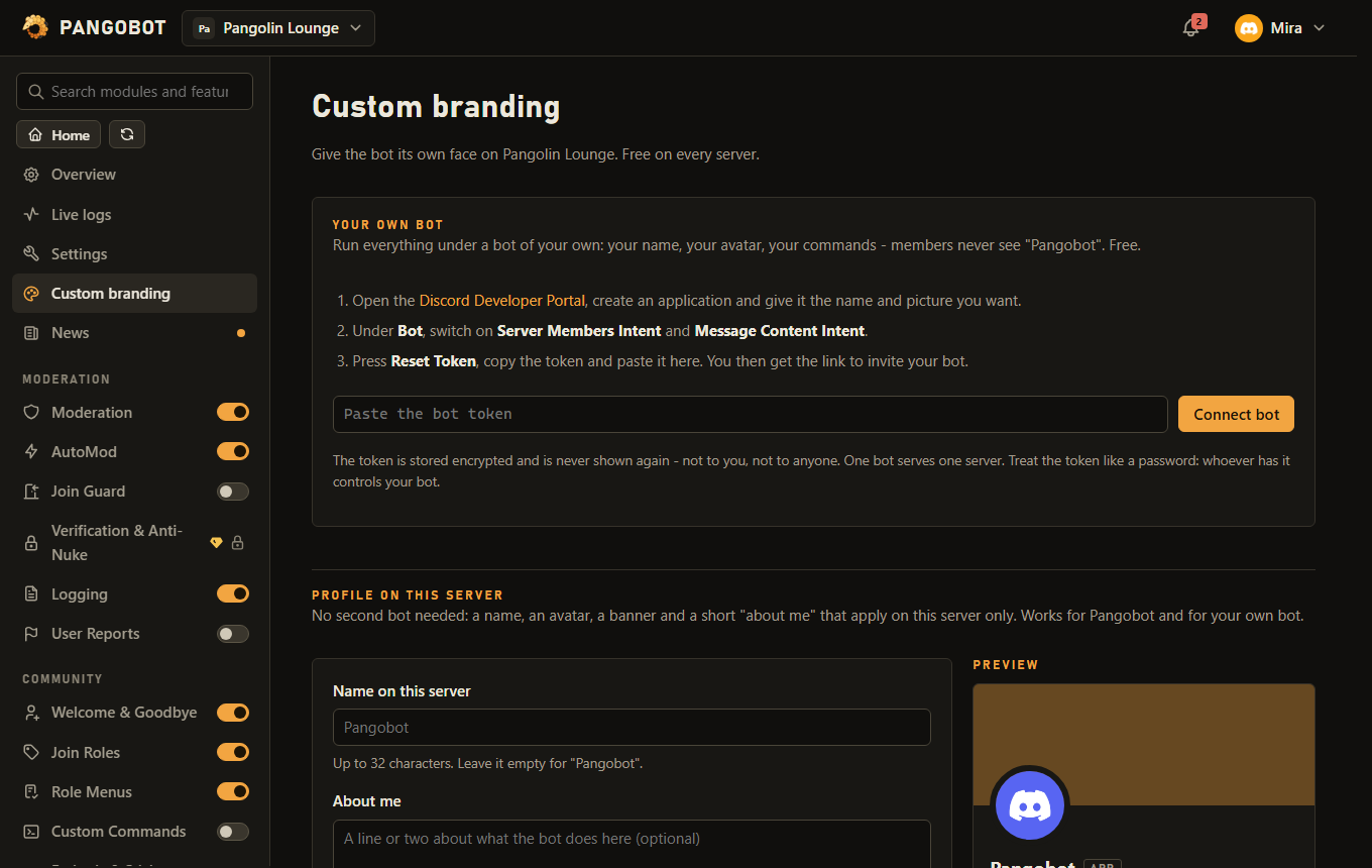 Custom branding: the bot under your server's own name and picture.