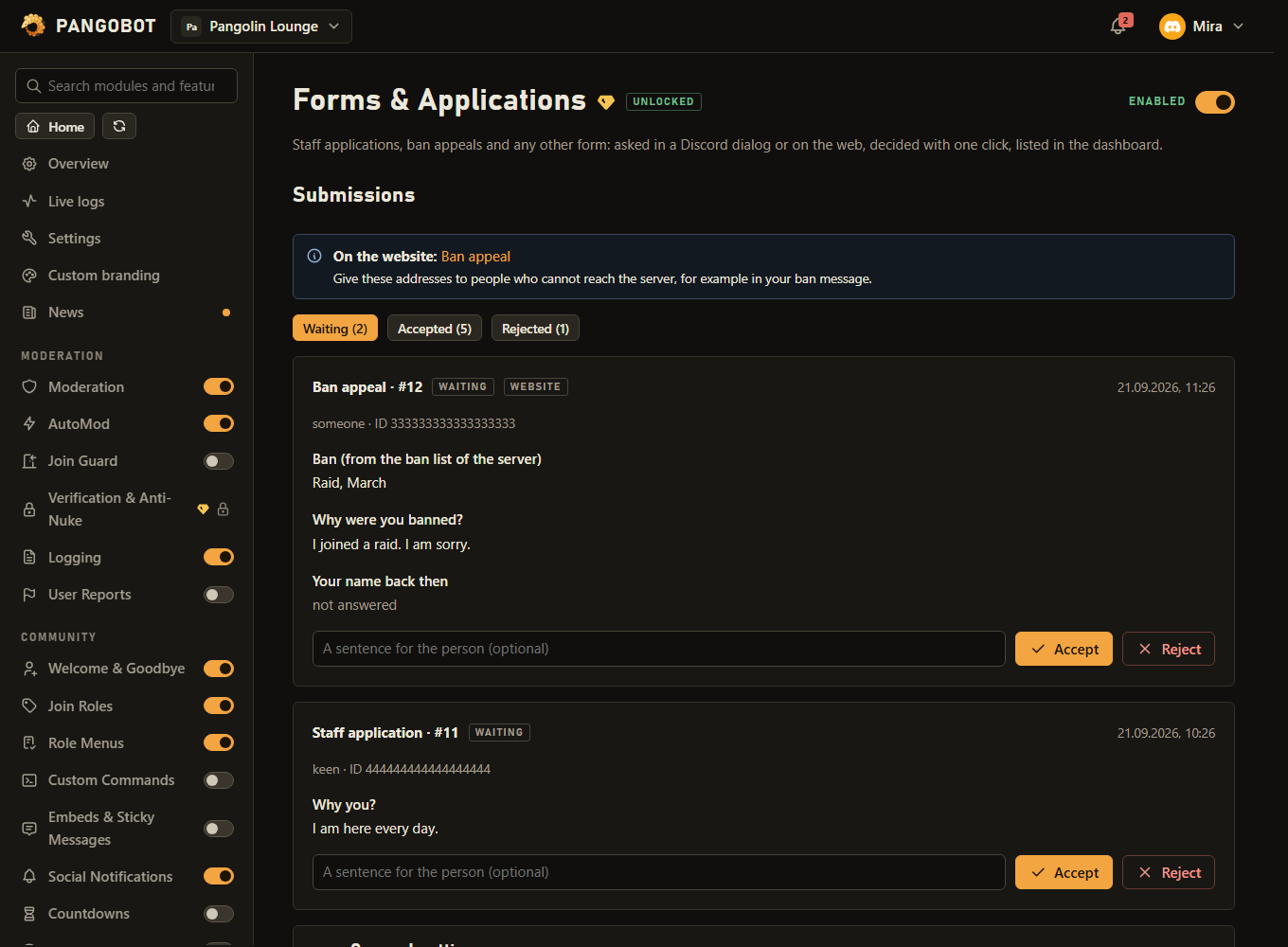 Submissions in the dashboard, with accept and reject.