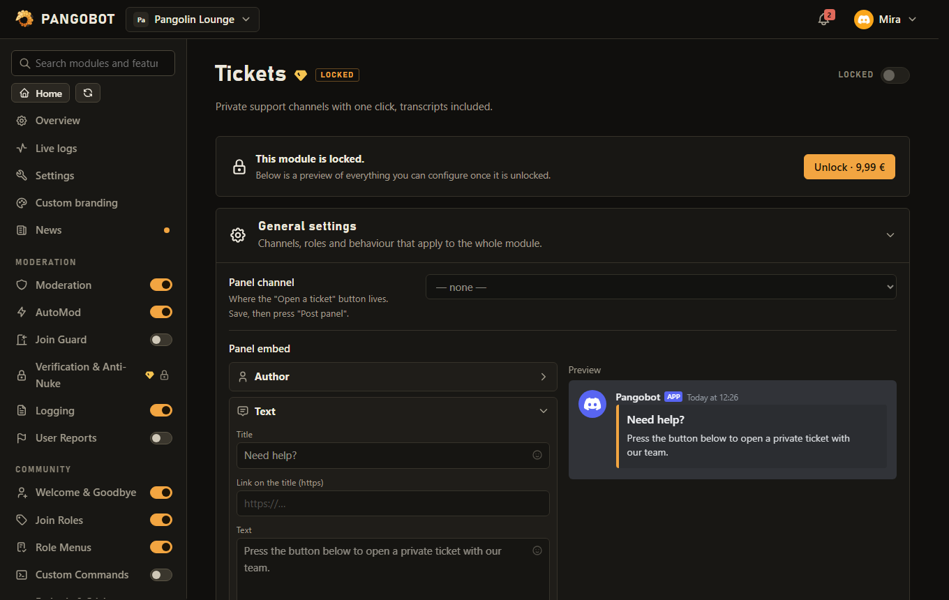 A locked module shows all of its settings as a preview, with the price on the button. Nothing is hidden until after the purchase.
