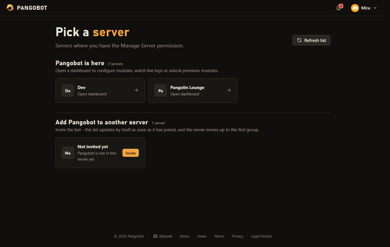 After logging in: the servers you can manage. Servers without Pangobot offer "Add to server".