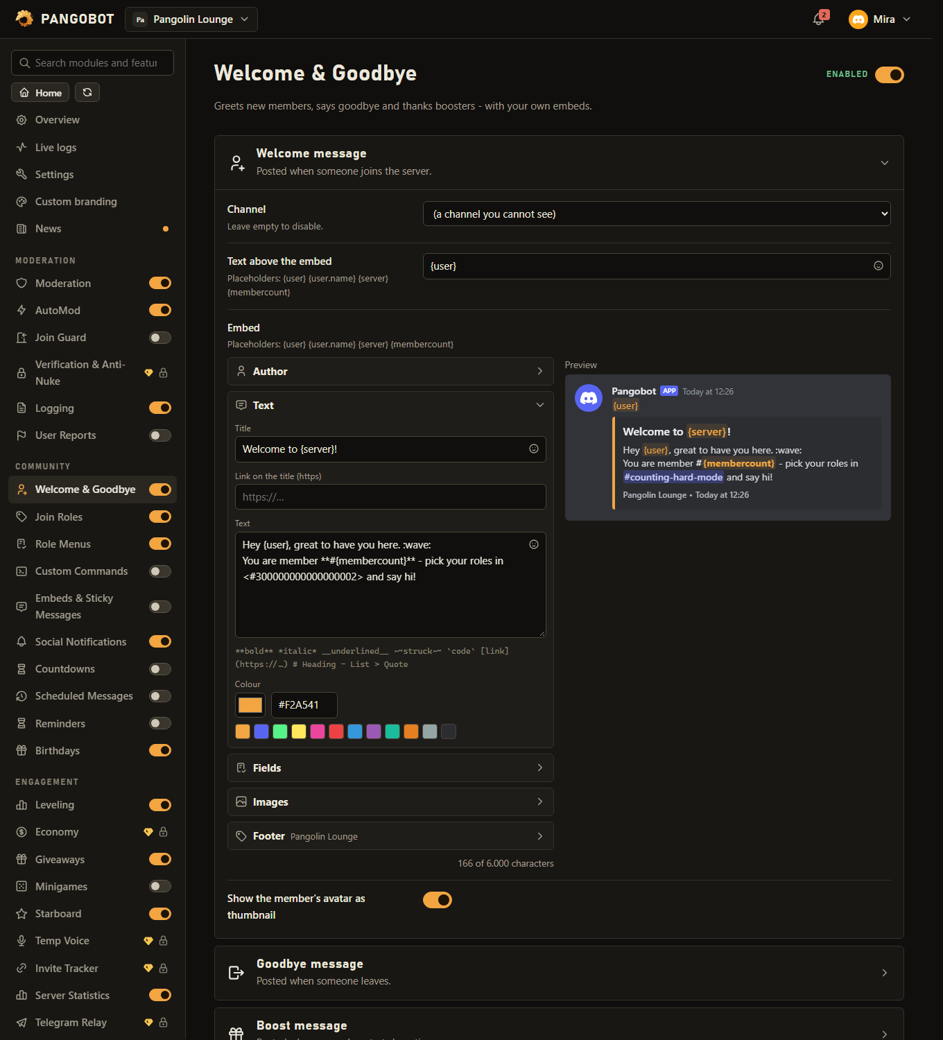 The embed builder: Author, Text, Fields, Images and Footer as sections, the preview on the right.